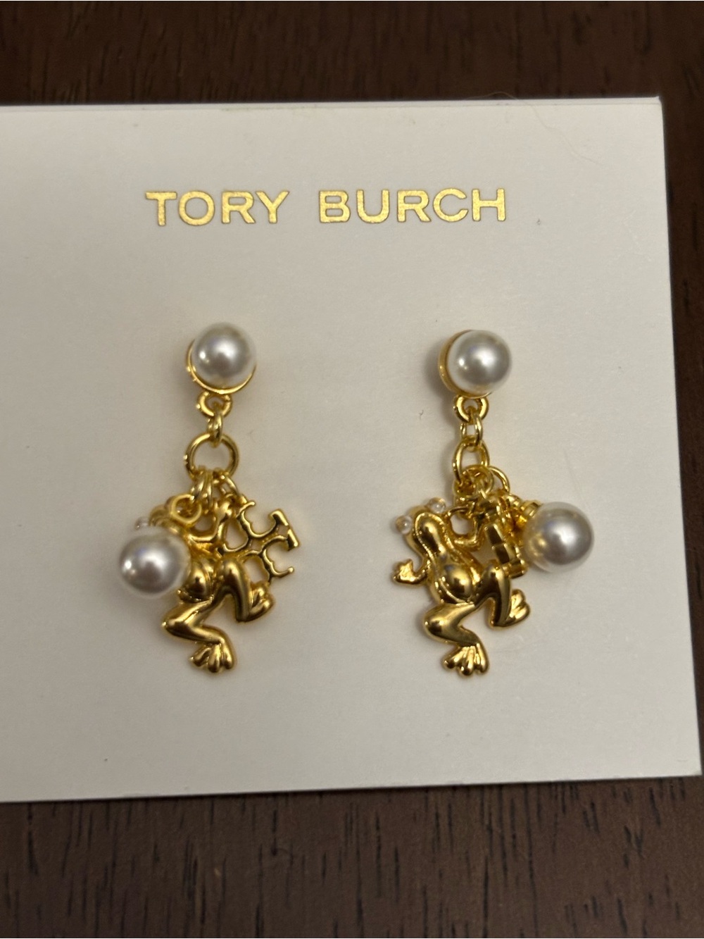 Brand new Tory Burch Gold plated Frog Drop Earrings with White Pearls